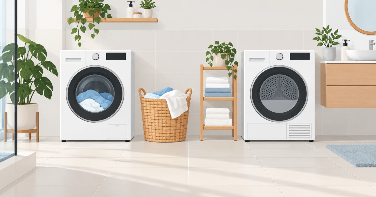 Koupelna s pračkou a sušičkou, mezi nimi koš s prádlem a stojan s ručníky